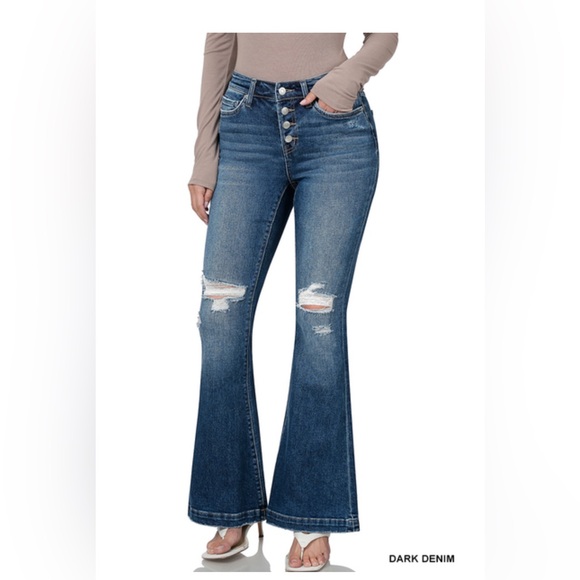 MID RISE DISTRESSED BUTTON FLY FLARE DENIM PANTS - Picture 1 of 5